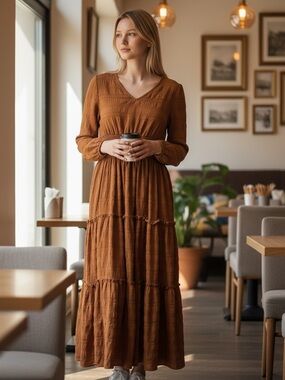 Patrons Of Peace Maxi Dress Small Brown Orange Boho Tiered Smocked Hippie NWT